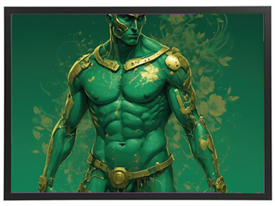 Et digitalt kunstværk af en muskuløs, grøn kriger med detaljeret rustning og blomsterdesign.