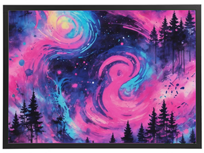 Farverig abstrakt kunst med galaktiske elementer og silhuetter af træer.