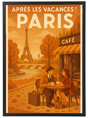En vintage plakat, der viser et par, der nyder en café i Paris med Eiffeltårnet i baggrunden.