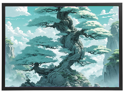 Et majestætisk, snoet træ omgivet af bjerge og en klar himmel, der skaber en drømmende atmosfære.