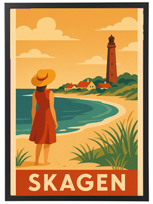 En farverig plakat med en kvinde i rød kjole, der kigger mod havet og fyret i Skagen.