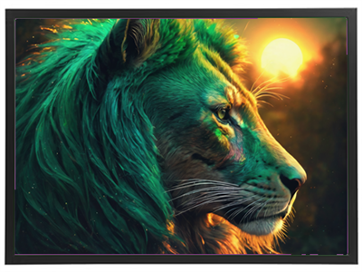 Et farverigt portræt af en løve med en grønlig manke, der ser mod en solnedgang.