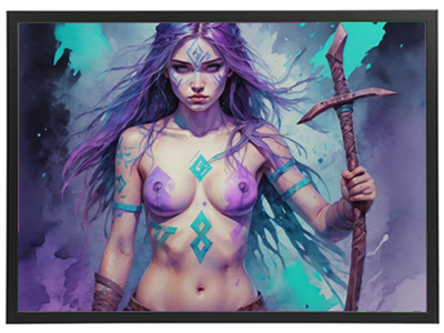 En kvindelig kriger med farverig hår og magiske symboler, der holder en stav.