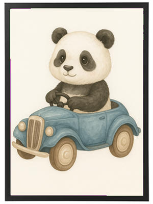 En sød panda kører i en blå legetøjsbil med et smil.