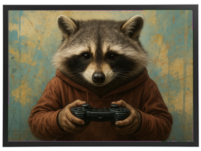 En vaskebjørn iført en hoodie holder en spillecontroller, klar til at spille.