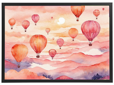 Et smukt akvarelmaleri med farverige luftballoner svævende over bjerge ved solnedgang.