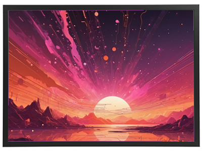 En surrealistisk illustration af en solopgang med intense farver og dynamiske stråler, der lyser op over bjerge og vand.