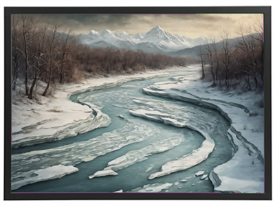 Et maleri af en snoet flod, omgivet af sneklædte træer og bjerge i baggrunden.