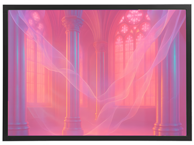 En surrealistisk katedral med søjler og farvet lys, omgivet af bløde, flydende stoffer.