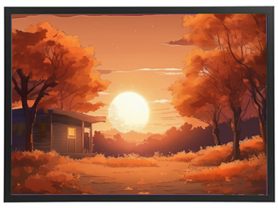 Et malerisk landskab med en solnedgang over en hytte omgivet af orange træer.