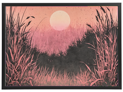 Et maleri af en solnedgang med rosa nuancer og græs i forgrunden.