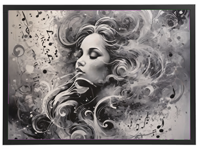 Et monochromt kunstværk af en kvinde med bølgende hår, omgivet af musiknoter.