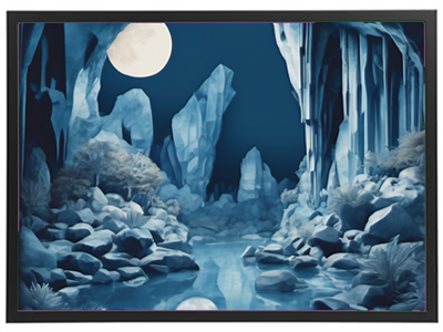 En storslået isgrottescene oplyst af en fuldmåne, med klippeformationer og stille vand.