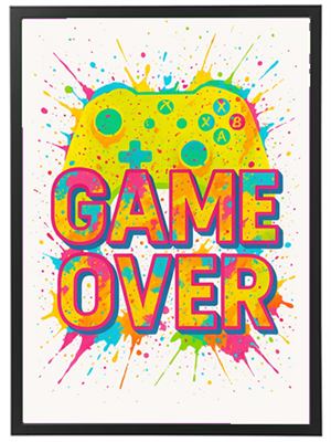 Et farverigt design med teksten GAME OVER og en spillekonsol-controller.