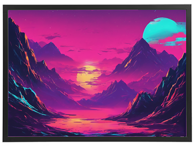 Et surrealistisk landskab med pink og blå nuancer, bjerge og en stor måne.