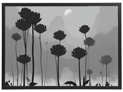 Et stiliseret sort-hvidt billede af høje blomster med en måne i baggrunden.