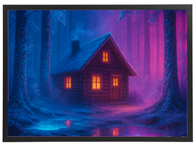 En smuk, oplyst hytte omgivet af farverige træer i en mystisk skov.