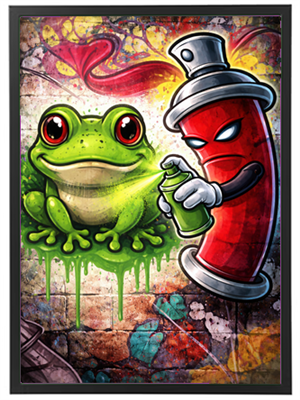 Et farverigt graffiti-inspireret billede af en frø og en spraydåse, der sprayer farve.