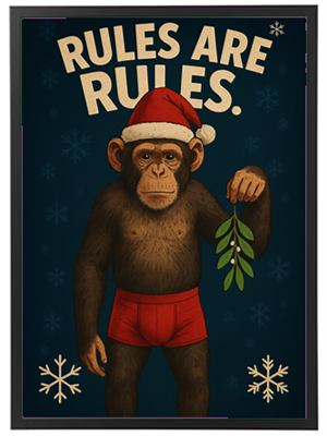 En illustration af en abe iført en julehat og shorts, der holder en mistelten.