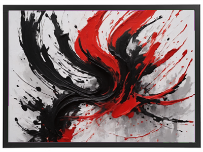 Et farverigt abstrakt maleri med energiske penselstræk i rød, sort og grå.