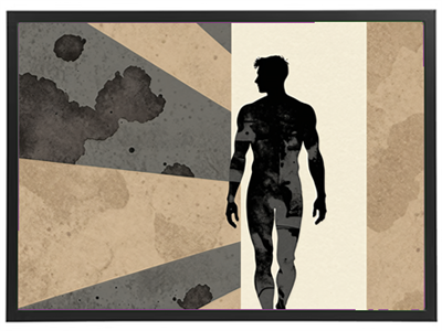 En stiliseret silhuet af en mand, omgivet af abstrakte farver og former.