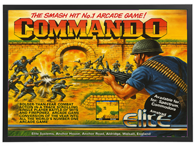 Et retro arkadespil med soldater i kamp, der fremhæver action og strategi.