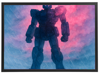 En dramatisk silhuet af en stor robot mod en farverig, stormfuld himmel.