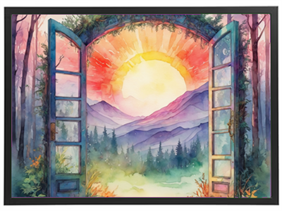 Et farverigt akvarelmaleri, der viser en åbning med udsigt til en solopgang over bjerge.