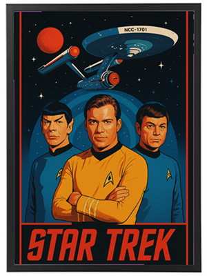 Illustration af tre karakterer fra Star Trek med rumskibet Enterprise i baggrunden.