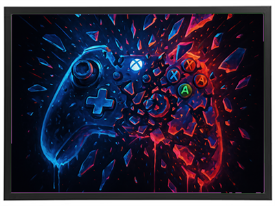 Et farverigt billede af en Xbox-controller, der sprænger i stykker med blå og røde effekter.