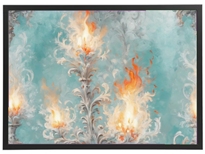 Et kunstværk med flammer og ornamentale detaljer på en blå baggrund.