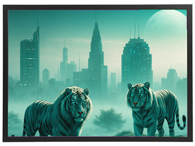 To hvide tigre står i forgrunden af en futuristisk by med grønne nuancer og en stor måne.