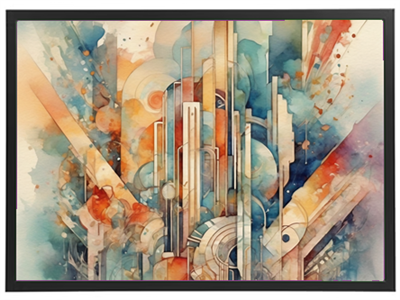 Et farverigt, abstrakt maleri med geometriske former og bløde vandfarveeffekter.