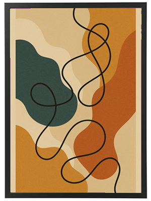 Et farverigt abstrakt billede med organiske former og en sort linje, der snor sig gennem designet.