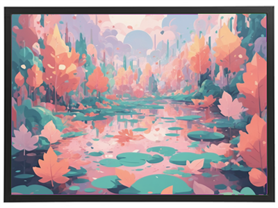 Et malerisk landskab med farverige træer og en spejlende sø i pasteltoner.