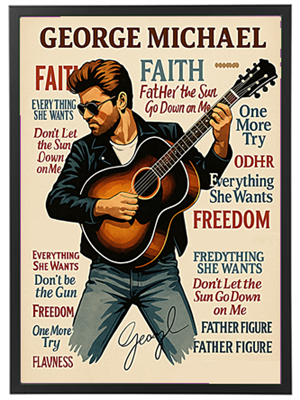 Illustration af George Michael med guitar, prydet med titler fra hans sange.