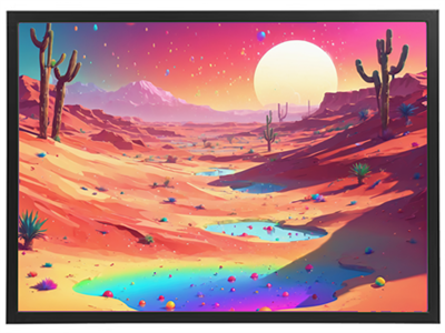 En surrealistisk ørken med farverige kaktusser, en glitrende vandpyt og en stor sol.