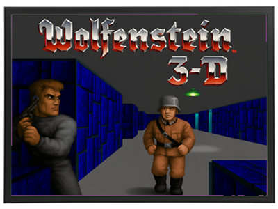 Et billede fra det ikoniske 3D-spil Wolfenstein, der viser karakterer og miljø.