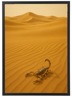 Et billede af en skorpion, der bevæger sig gennem en gylden ørken med bølgende sanddyner.