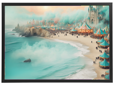 En farverig festival ved stranden med telte, mennesker og et slot i baggrunden.