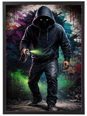 En skikkelse iført hætte og maske, der sprayer grøn maling mod en farverig væg.