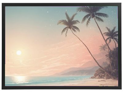 Et malerisk landskab med palmer, hav og en smuk solnedgang.