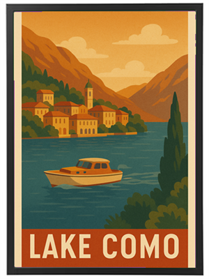 En malerisk scene med en båd på Como Sø, omkranset af bjerge og bygninger.