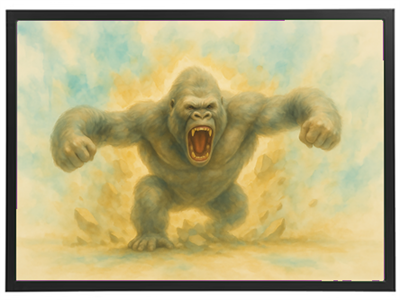 En dramatisk maleri af en stor gorilla, der brøler og ser truende ud.
