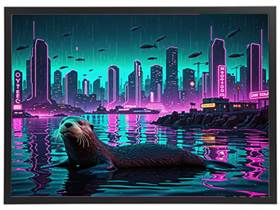 Et futuristisk bybillede med en otter svømmende i neonbelyst vand, omringet af skyskrabere.