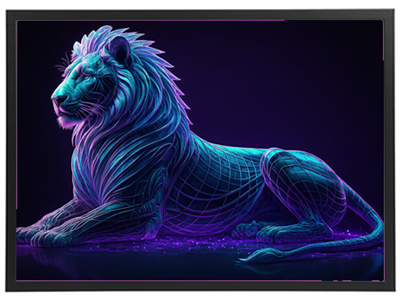 En stiliseret løve i neonfarver, der ligger på en glitrende overflade.