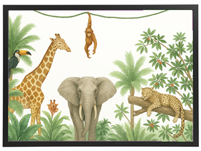 Et farverigt billede af forskellige dyr i en tropisk skov, herunder en elefant, giraf, leopard og en orangutang.