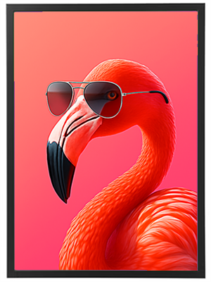 Et farverigt billede af en flamingo iført solbriller, med en gradient baggrund.
