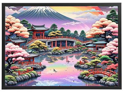 En farverig illustration af et japansk landskab med kirsebærtræer, broer og bjerge.