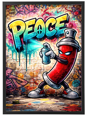 Farverig grafitti med en karakter, der sprayer ordet PEACE på en mur.